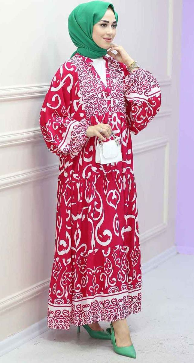 Hat Desenli Pembe Elbise