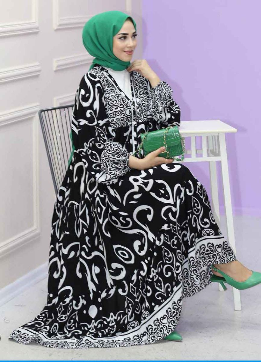 Hat Desenli Siyah Elbise