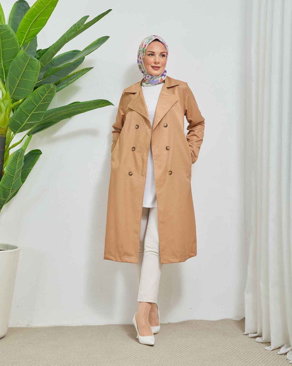 Camel Trençkot Beli Kuşaklı Düğmeli Cep Detaylı
