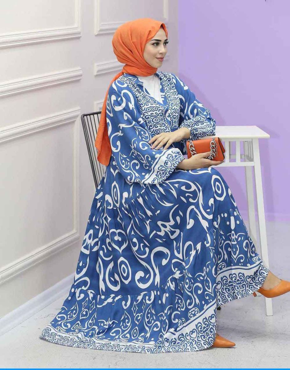 Hat Desenli Mavi Elbise